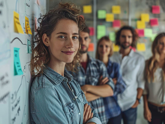 confident-woman-smiling-creative-workspace-with-colleagues-showcasing-teamwork-collaboration-modern-office