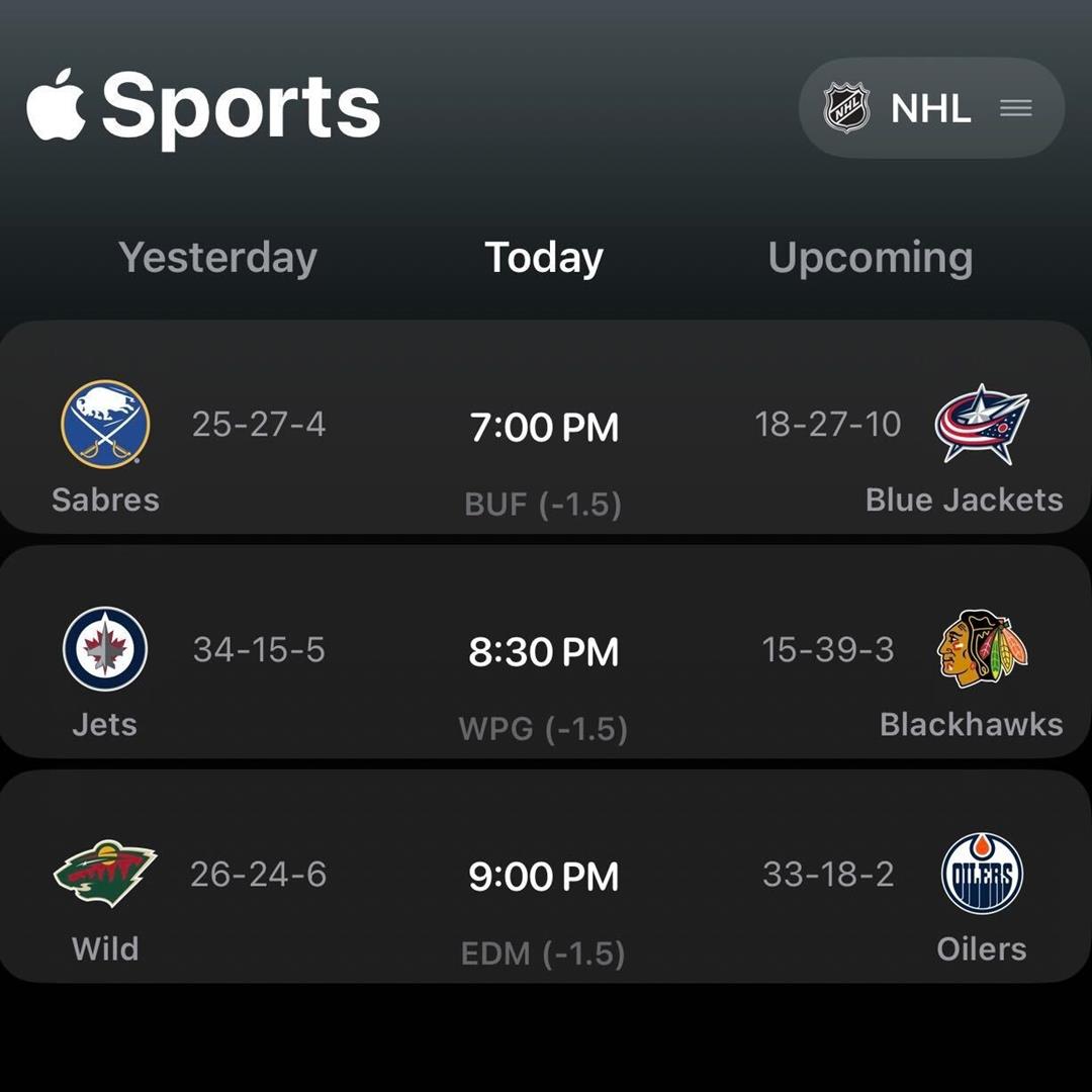 A screenshot of the Apple Sports app. Each row has a National Hockey League team's logo to the left and right of the time they will compete this evening.