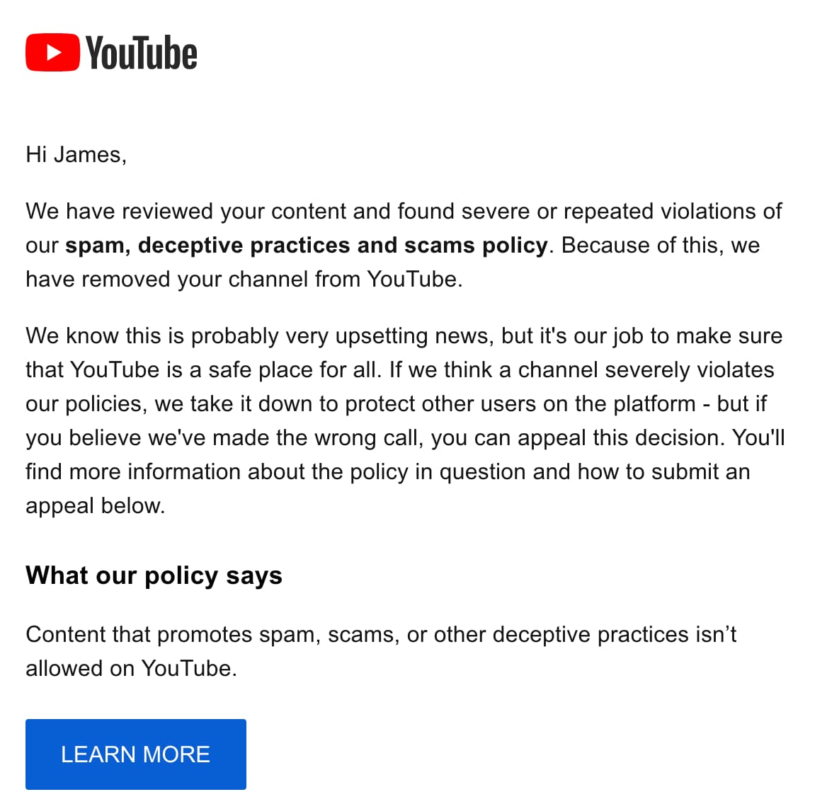 YouTube ban channel removed