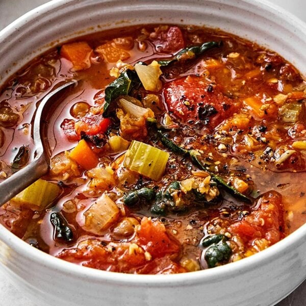 A bowl of Mediterranean lentil soup.