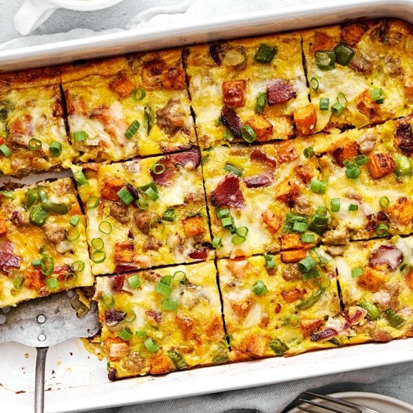 A white baking dish with the best breakfast casserole.