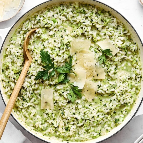 A pot of broccoli parmesan risotto.