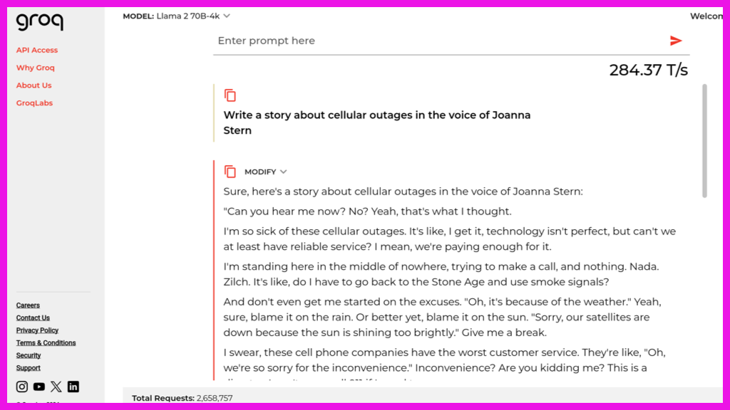 A screenshot of the Groq chatbot. The prompt reads: "Write a story about cellular outages in the voice of Joanna Stern." The bot's response consists of several paragraphs.