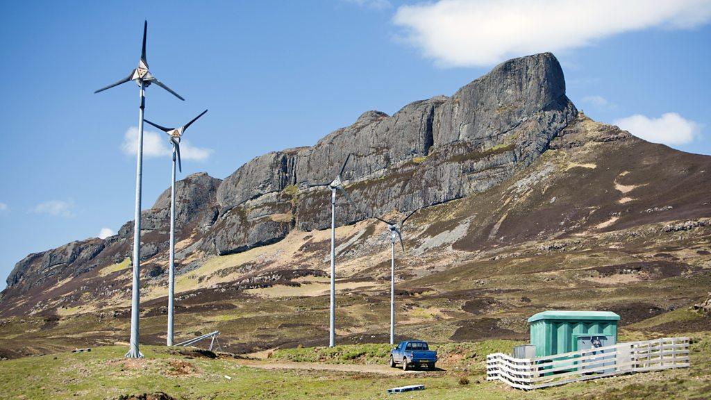 Wind turbines on the Isle of Eigg, Scotland, UK