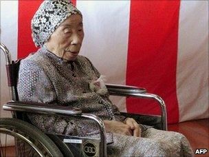 Chiyono Hasega, 113, attends the Japan's Respect-for-the-Aged-Day ceremony at Kiyama town in Saga prefecture (20 September)