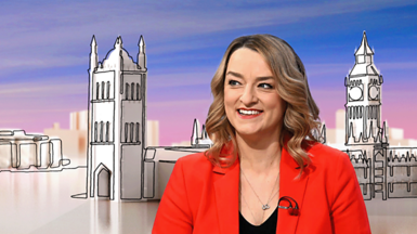 Laura Kuenssberg with red background and initials LK