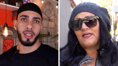 Split composite of headshots of a man on the left and a woman on the right. The man has a black beard, is wearing black with a black skullcap. The woman has black hair, is wearing sunglasses and a woollen knitted hat.