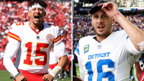 Patrick Mahomes of the Chiefs and Jared Goff of the Detroit Lions celebrate wins in the NFL