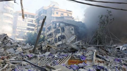 Damaged buildings on a street in central Beirut