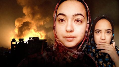 A promotional image for the BBC documentary Life and Death in Gaza. It shows two young women. both are wearing headscarves. Their portrait style photos look to have been photoshopped against a backdrop. That backdrop shows a city on fire at night, while flames and smoke lighting up the sky.