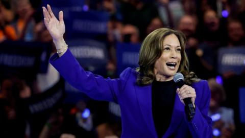 Kamala Harris speaks at a rally in Wisconsin