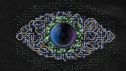 Digital image of a camera and circuitry background resembling a human eye