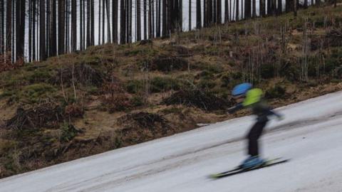 A skier goes down a slope with little snow at a resort impacted by lower snowfall