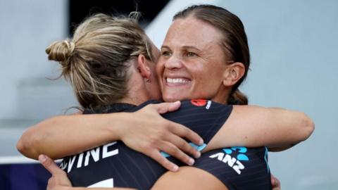 New Zealand captain Sophie Devine and Suzie Bates hug after winning the Women's T20 World Cup 