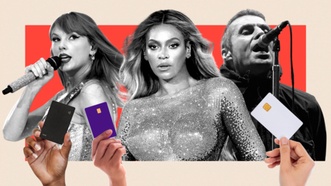 Monatge image showing Taylor Swift, Beyonce and Liam Gallagher alongside hands holding up credit cards