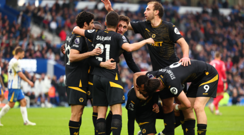 Wolves' players celebrate scoring against Brighton