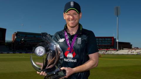 England's Eoin Morgan celebrates winning the 2018 ODI series against Australia 5-0