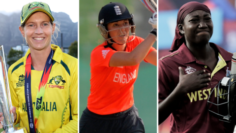 A split graphic of Australia's Meg Lanning, England's Charlotte Edwards and West Indies' Stafanie Taylor