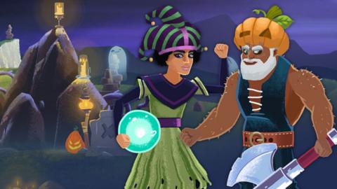 A pumpkin warrior and a jester witch are in front of spooky graves and pumpkins