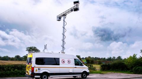 A camera mounted on a white van