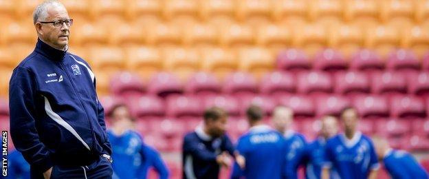 Coach Lars Lagerback of Iceland's national soccer team is pictured during a training session in the Amsterdam Arena, on September 2 2015, in preparation of the Euro 2016 qualifying football match against the Netherlands.