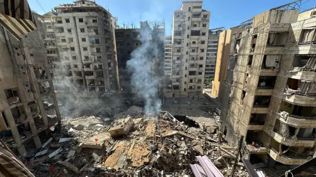 Damaged buildings following an overnight Israeli military strike, in the southern suburbs of Beirut