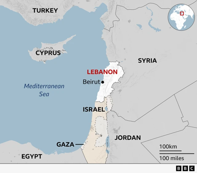 A map showing Lebanon and Israel