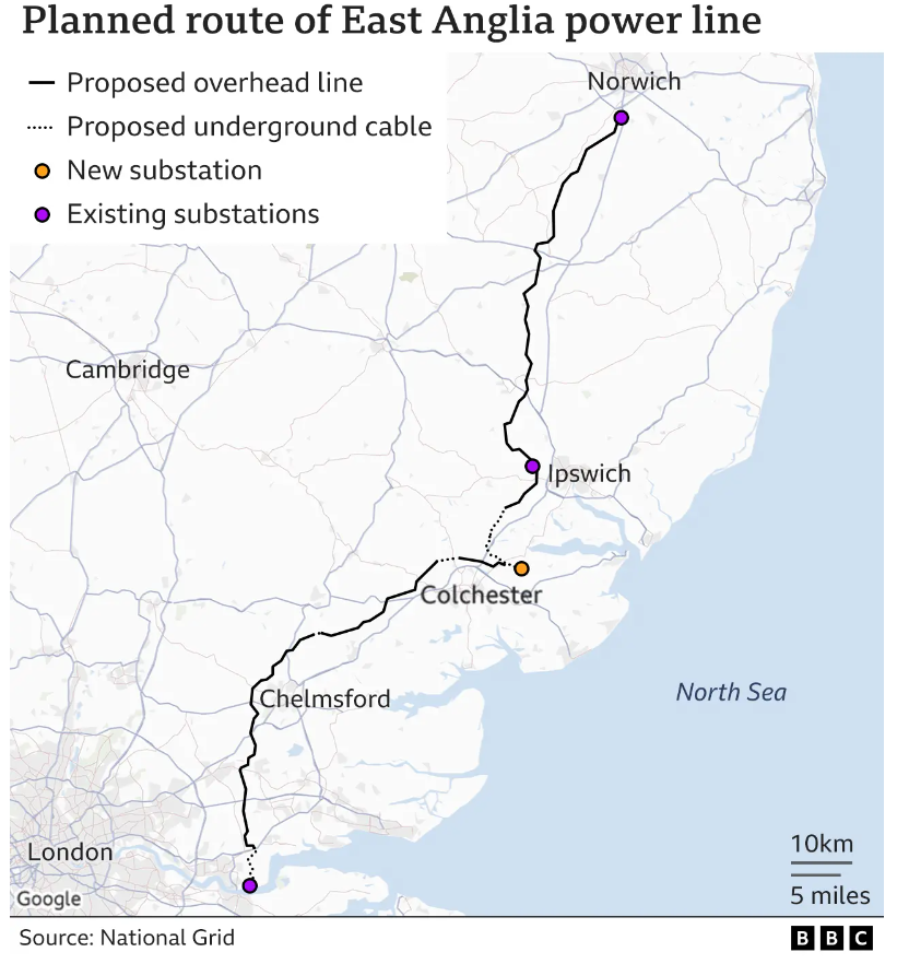 Map of East Anglia showing proposed pylon route