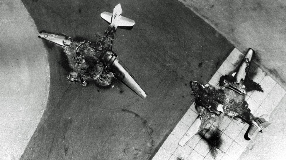 Egyptian warplanes lie destroyed on the tarmac after an Israeli Air Force pre-emptive strike June 5, 1967 against Egyptian airfields at the start of the Six-Day War.