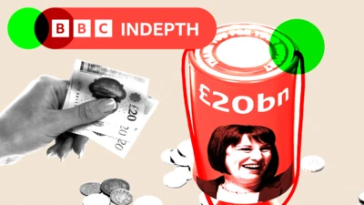 Montage image showing a hand putting two £20 notes into a collecting tin with the words £20bn above an image of Chancellor Rachel Reeves' face