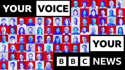 Graphic showing a facewall and text which reads: Your Voice, Your BBC News