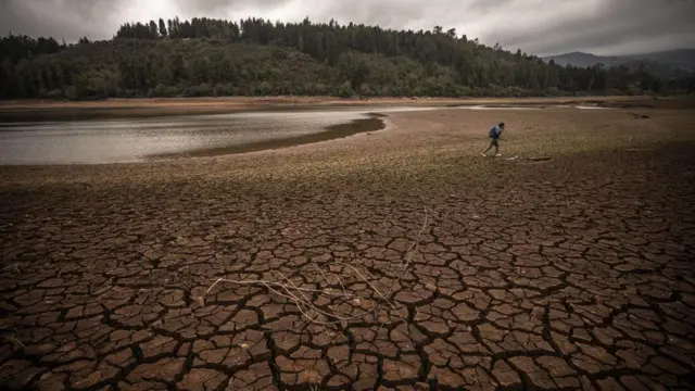 Persona camina por una sección seca del embalse La Regadera