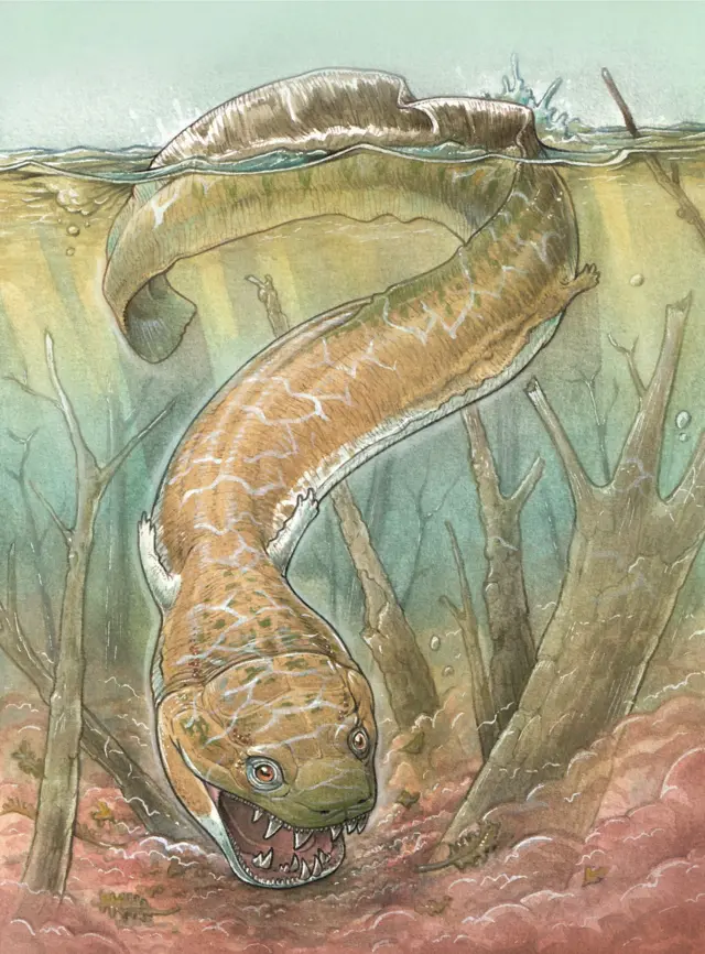 Una representación artística de la criatura parecida a una salamandra del período Pérmico, Gaiasia jennyae