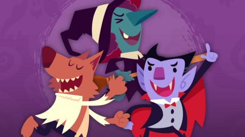 A werewolf, vampire and witch are dancing