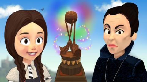 Mildred and Miss Hardbroom characters from the worst witch game, with an image of the witchball trophy in the centre.