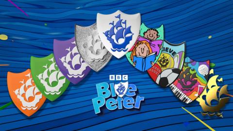 A collection of all 9 Blue Peter badges.