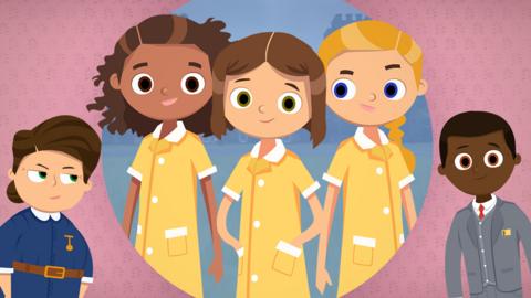 Characters from Malory Towers Game: A Year In the Life, cartoon versions of characters Darrel, Sally and Gwen smile, they're wearing their yellow school uniform.