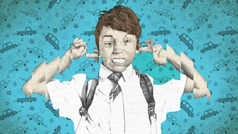 An illustration of a boy with his fingers in his ears to block out traffic noise (Credit: Emmanuel Lafont/BBC)