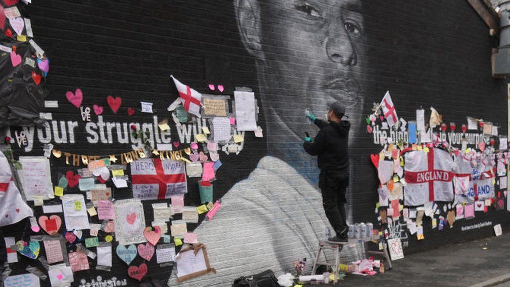 A defaced mural of Marcus Rashford