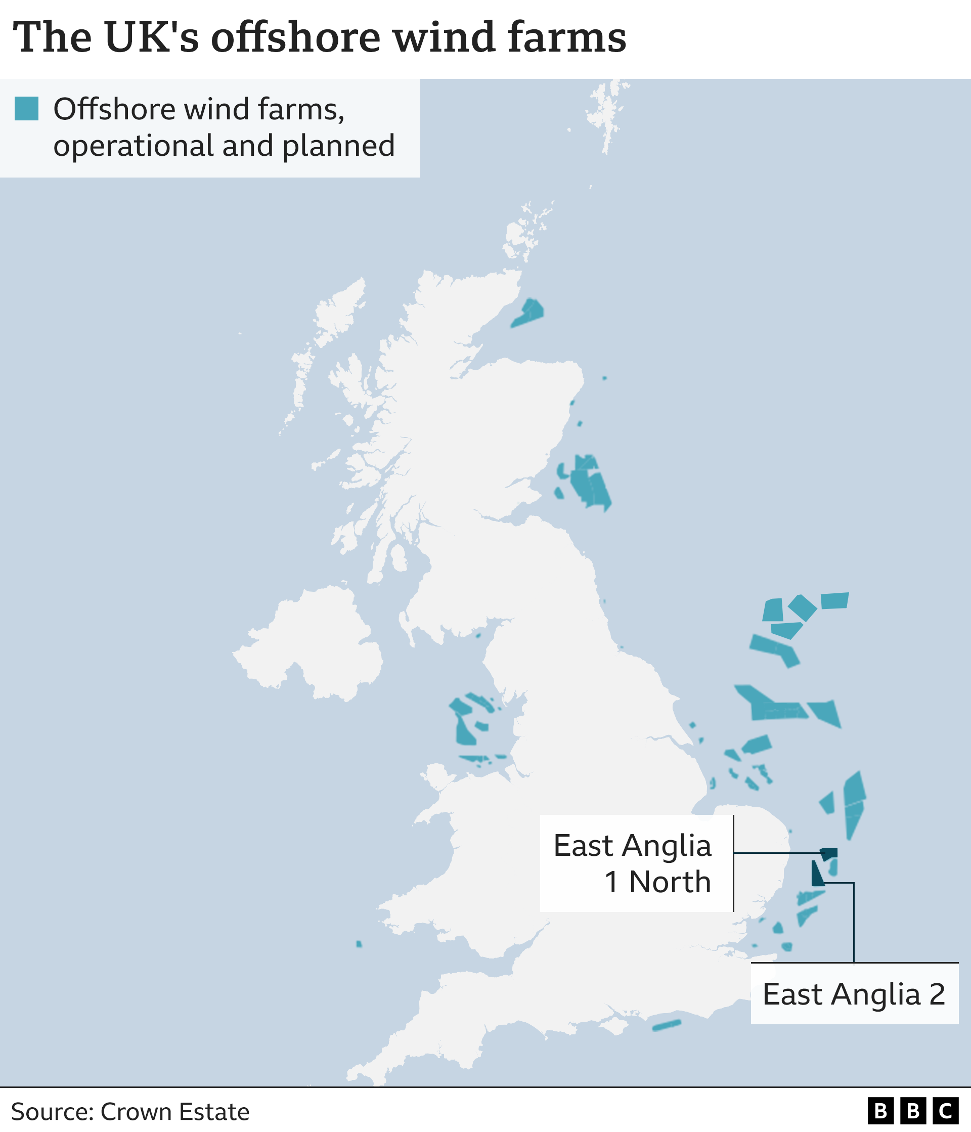 A graphic showing offshore wind farms in the UK