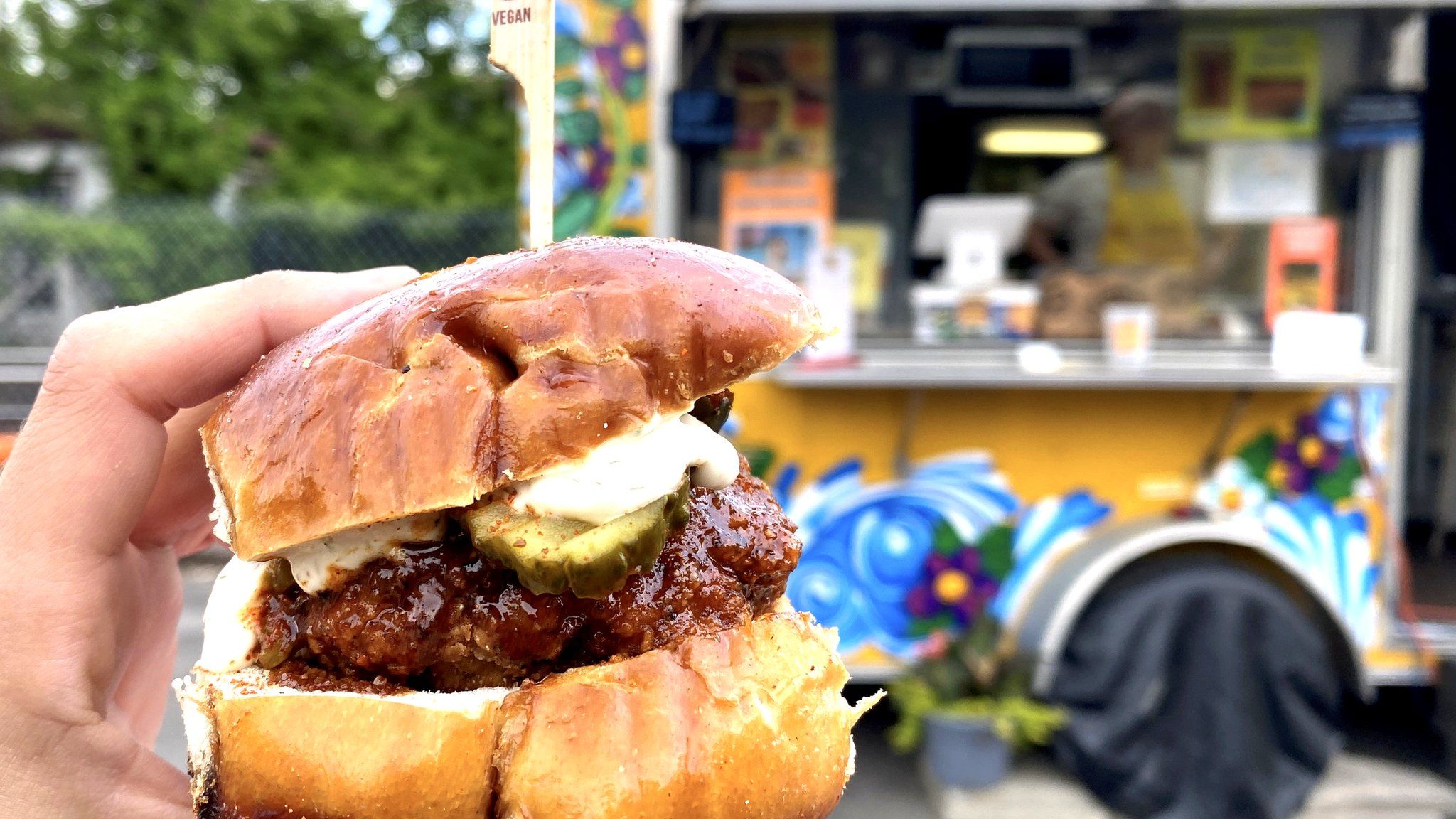 Maple barbecue and Nashville hot vegan "chicken" sliders at Secret Vegan Kitchen, which pops up at Barrier Brewing Co. in Oceanside, New York