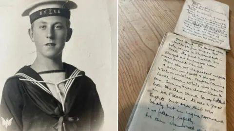 A montage of two photos. On the left is a black and white photo of a young James Simpson in naval uniform including a hat embroidered with the letters RNVR. On the right are two pages of James Simpson's diary laid out on a wooden table which show black-inked handwriting on white lightly-lined paper