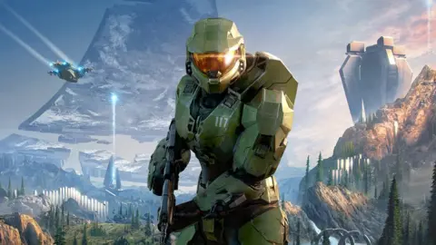 Microsoft The main character of the Halo series, known as the Master Chief, stands in this promo artwork for the upcoming Halo: Infinite