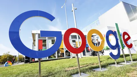 The Google logo outside a data centre in Germany