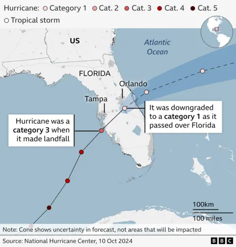 Annotated BBC map tracking path of Hurricane Milton towards Florida. In the graphic, it shows the hurricane moving from the Gulf of Mexico towards the direction of Florida, passing over Tampa after 02:00 on Thursday and Orlando before 14:00 on the same day.