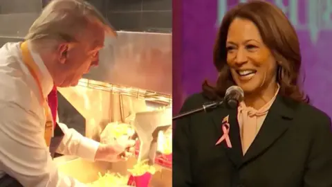 Split screen of Trump making McDonald fires and Harris speaking