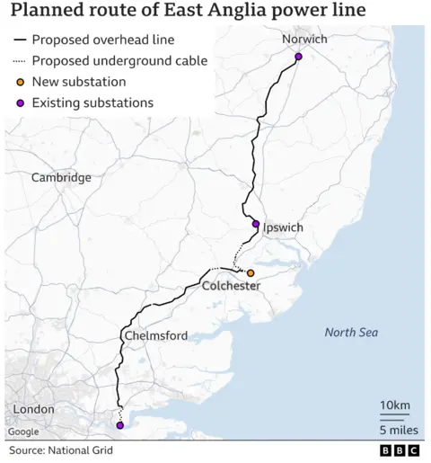Map of East Anglia showing proposed pylon route