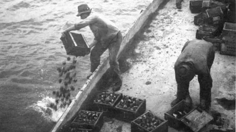 vbs Men unload munitions into a lake in Switzerland.