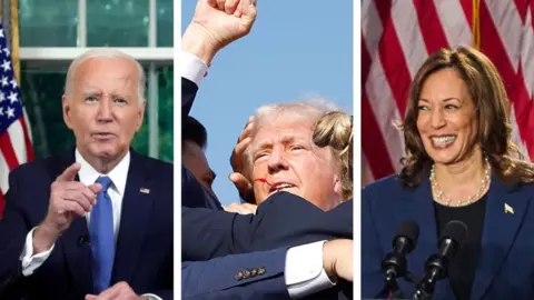 Split screen with Joe Biden, Donald Trump after assassination attempt and Kamala Harris speaking