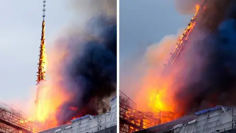 Firefighters spray water to extinguish a fire that broke out in the Copenhagen's Stock Exchange building